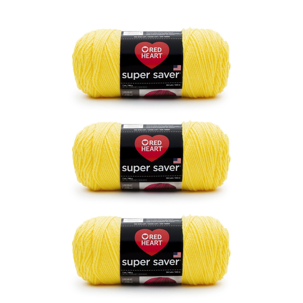 Red Heart Super Saver Bright Yellow Yarn - 3 Pack of 198g/7oz - Acrylic - 4 Medium (Worsted) - 364 Yards - Knitting/Crochet